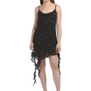Sleeveless Cherry Print Dress With Cascading Ruffle Detail